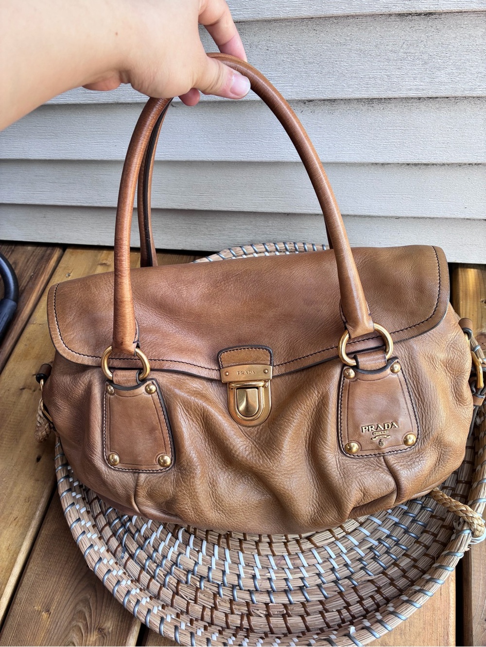 Prada Brown Leather Shoulder Bag with Gold Hardware